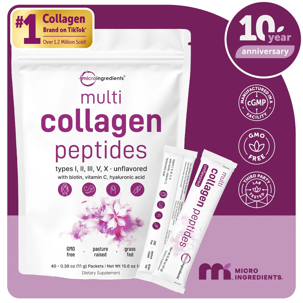 Micro Ingredients Hydrolyzed Multi Collagen Peptides Powder with Hyaluronic Acid, Biotin, and Vitamin C - Unflavored (Types I, II, III, V, X)