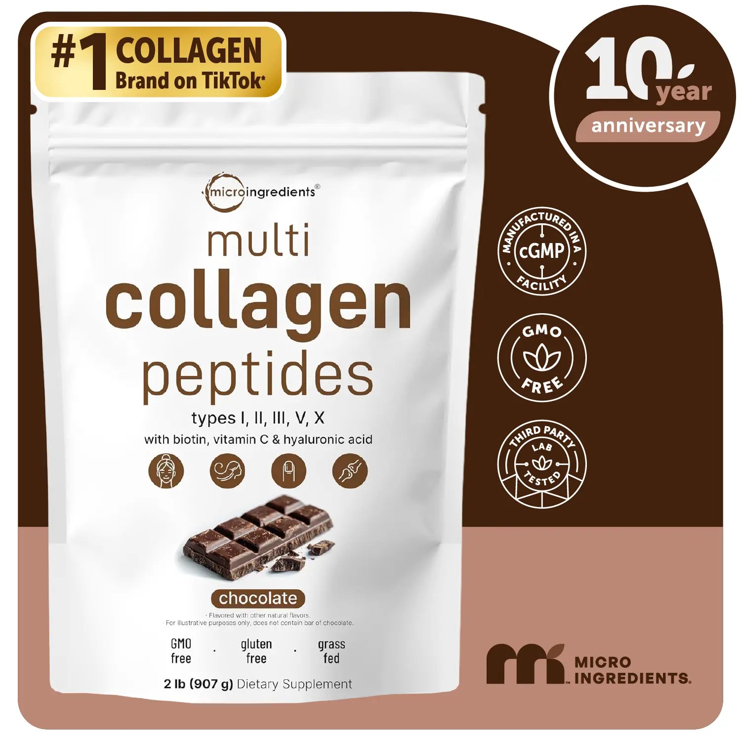 Micro Ingredients Hydrolyzed Multi Collagen Peptides Powder with Hyaluronic Acid, Biotin, and Vitamin C - Unflavored (Types I, II, III, V, X)