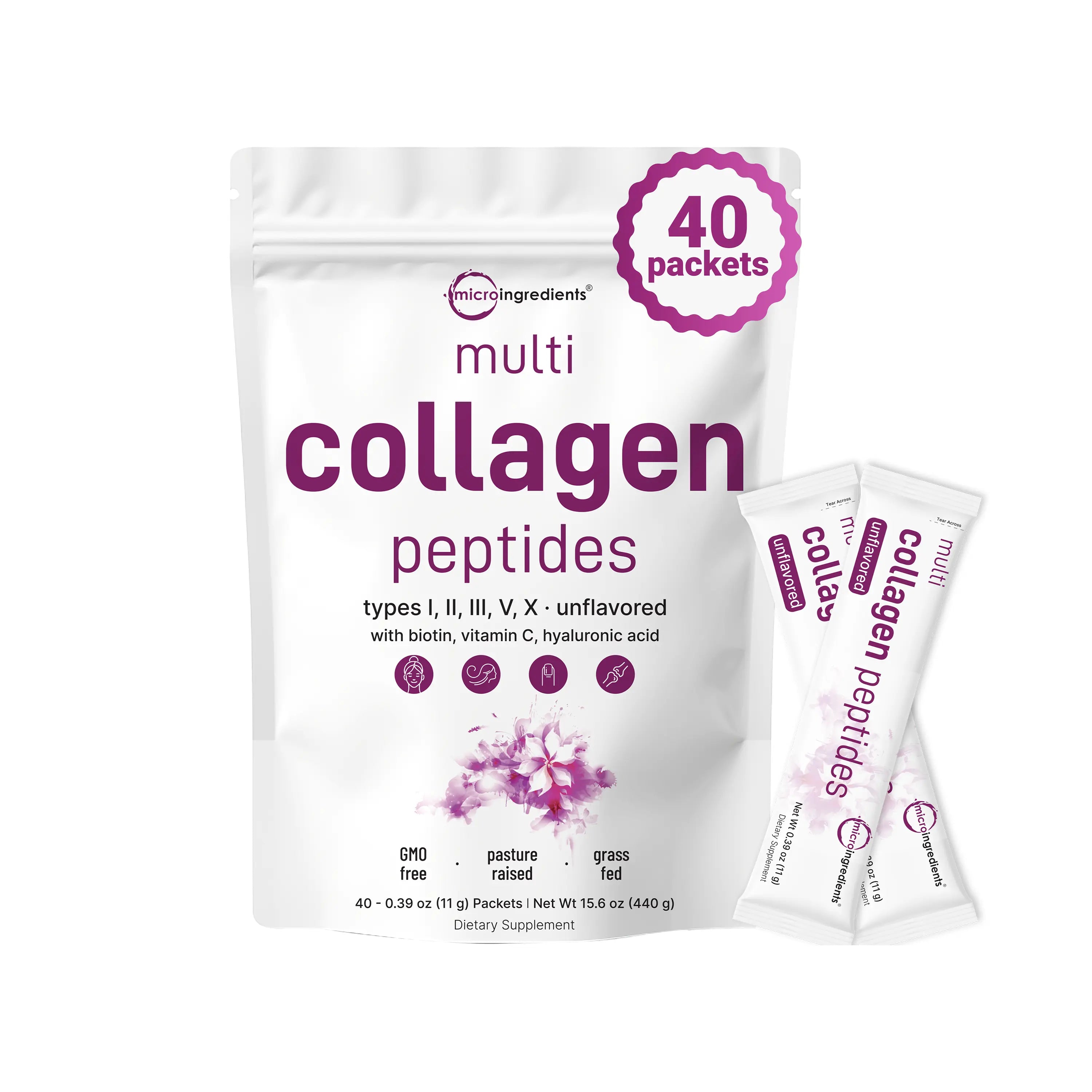 Micro Ingredients Hydrolyzed Multi Collagen Peptides Powder with Hyaluronic Acid, Biotin, and Vitamin C - Unflavored (Types I, II, III, V, X)
