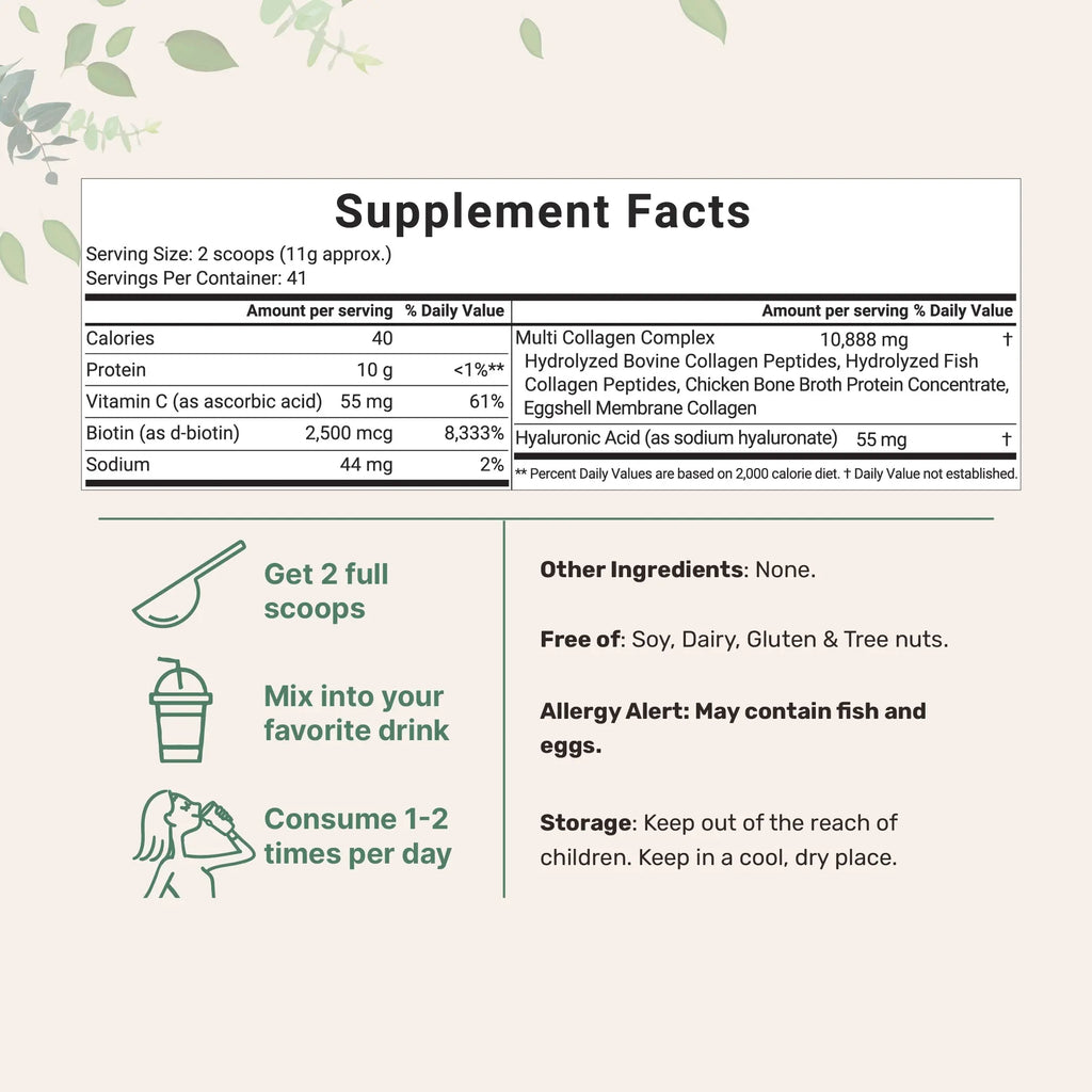 Micro Ingredients Hydrolyzed Multi Collagen Peptides Powder with Hyaluronic Acid, Biotin, and Vitamin C - Unflavored (Types I, II, III, V, X)