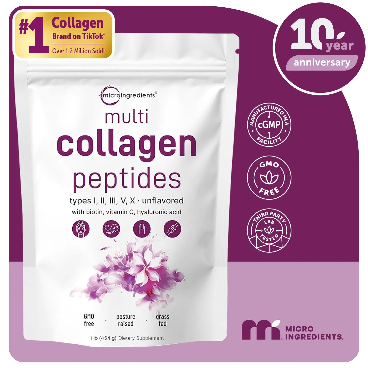 Micro Ingredients Hydrolyzed Multi Collagen Peptides Powder with Hyaluronic Acid, Biotin, and Vitamin C - Unflavored (Types I, II, III, V, X)