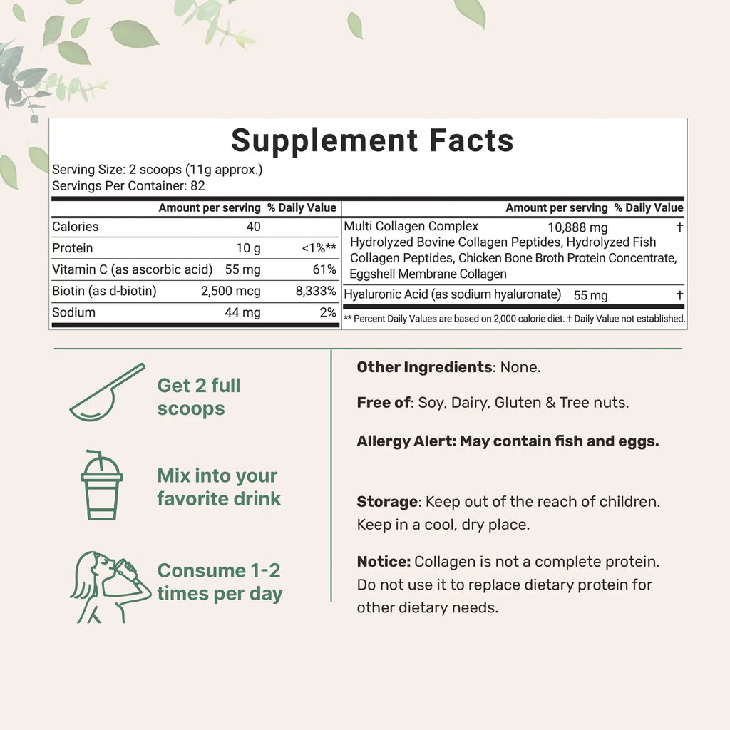 Micro Ingredients Hydrolyzed Multi Collagen Peptides Powder with Hyaluronic Acid, Biotin, and Vitamin C - Unflavored (Types I, II, III, V, X)