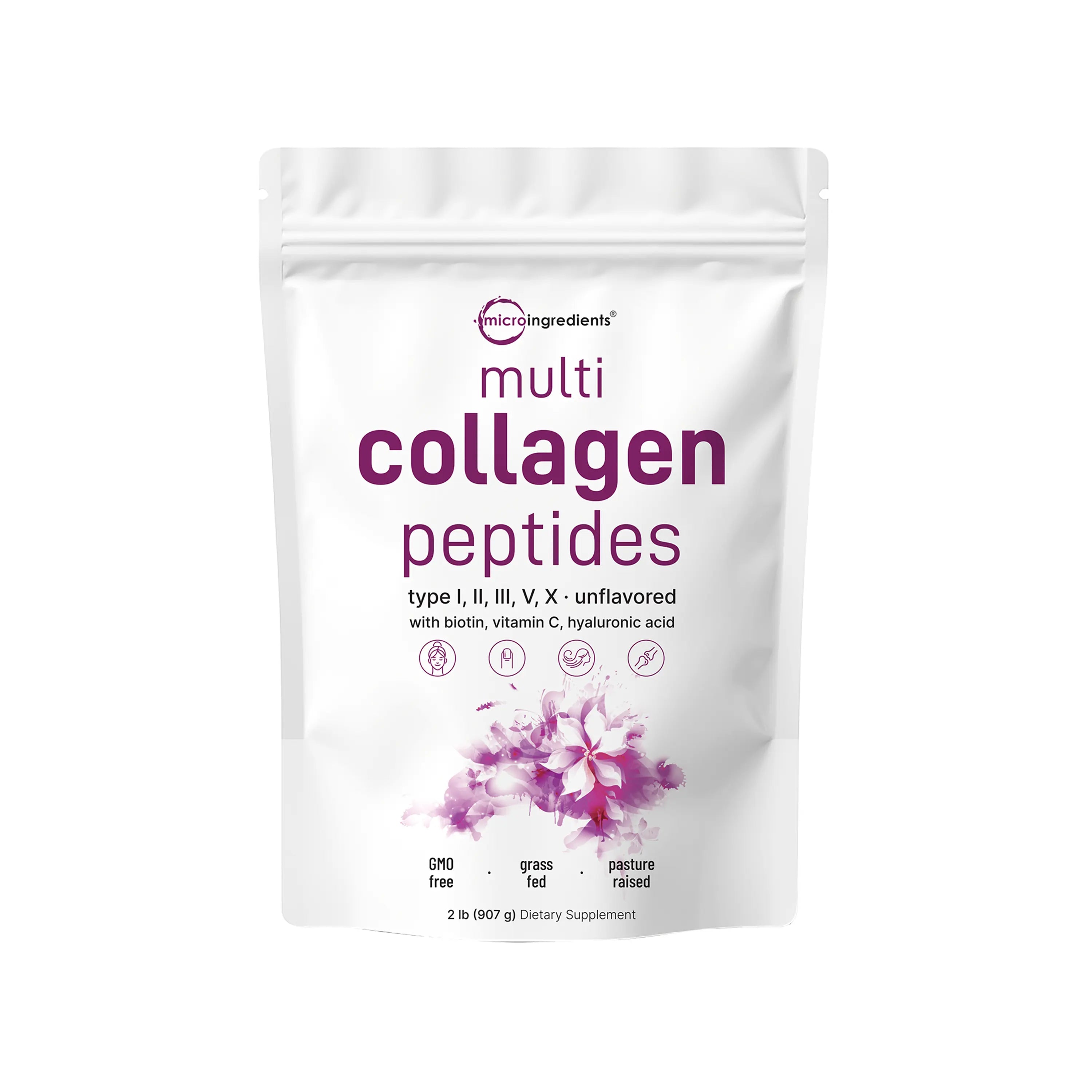 Micro Ingredients Hydrolyzed Multi Collagen Peptides Powder with Hyaluronic Acid, Biotin, and Vitamin C - Unflavored (Types I, II, III, V, X)