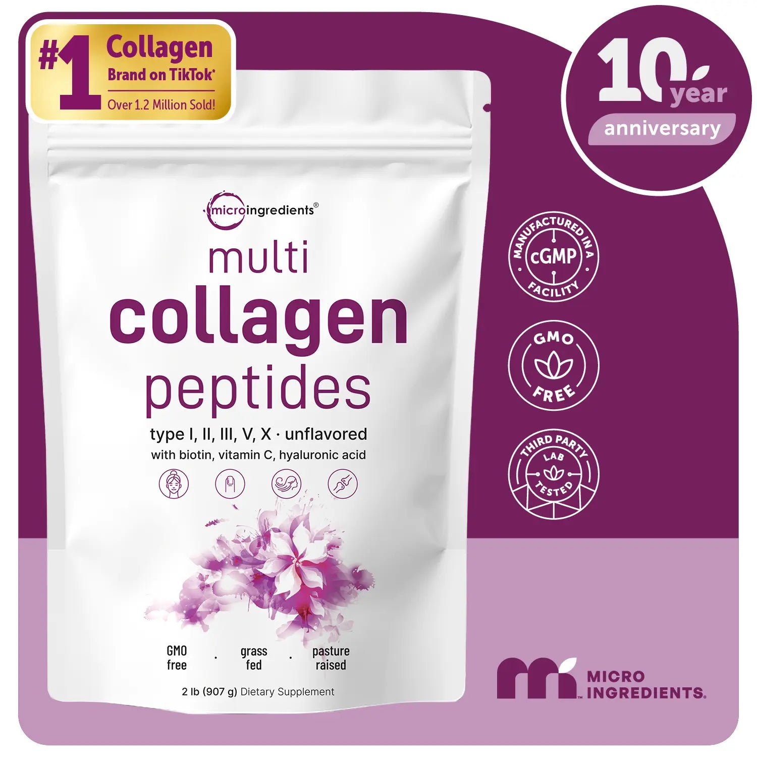 Micro Ingredients Hydrolyzed Multi Collagen Peptides Powder with Hyaluronic Acid, Biotin, and Vitamin C - Unflavored (Types I, II, III, V, X)