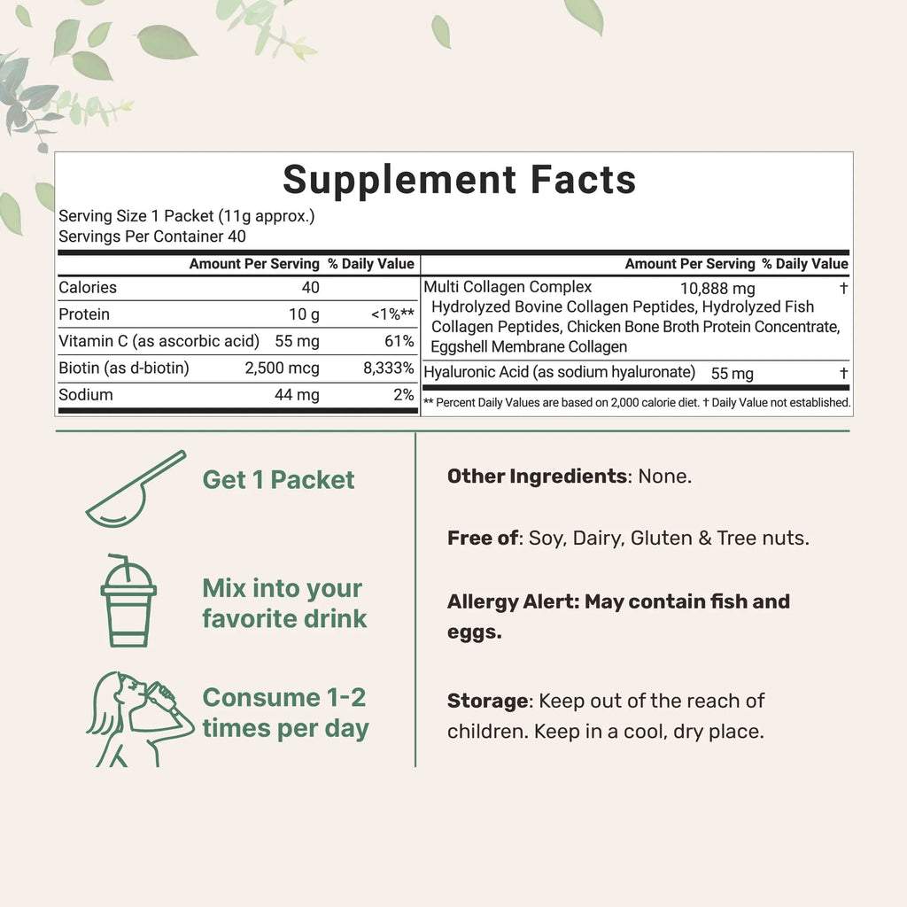 Micro Ingredients Hydrolyzed Multi Collagen Peptides Powder with Hyaluronic Acid, Biotin, and Vitamin C - Unflavored (Types I, II, III, V, X)
